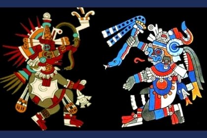 izquierda Dios Quetzalcoatl derecha Dios Tlaloc ( características de sus animales y su elemento)